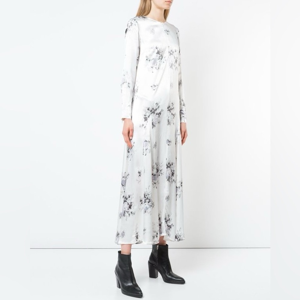 GANNI Cameron Long Sleeve Floral Shirt Dress Egret White Grey Satin Women’s 4/6